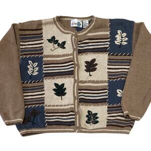 Paul Harris Design Womens Large Sweater Cardigan 3D Patchwork Earth Tones Leaves